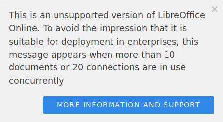 Zrzut ekranu przedstawiający ostrzeżenie dotyczące nieobsługiwanej wersji LibreOffice Online
